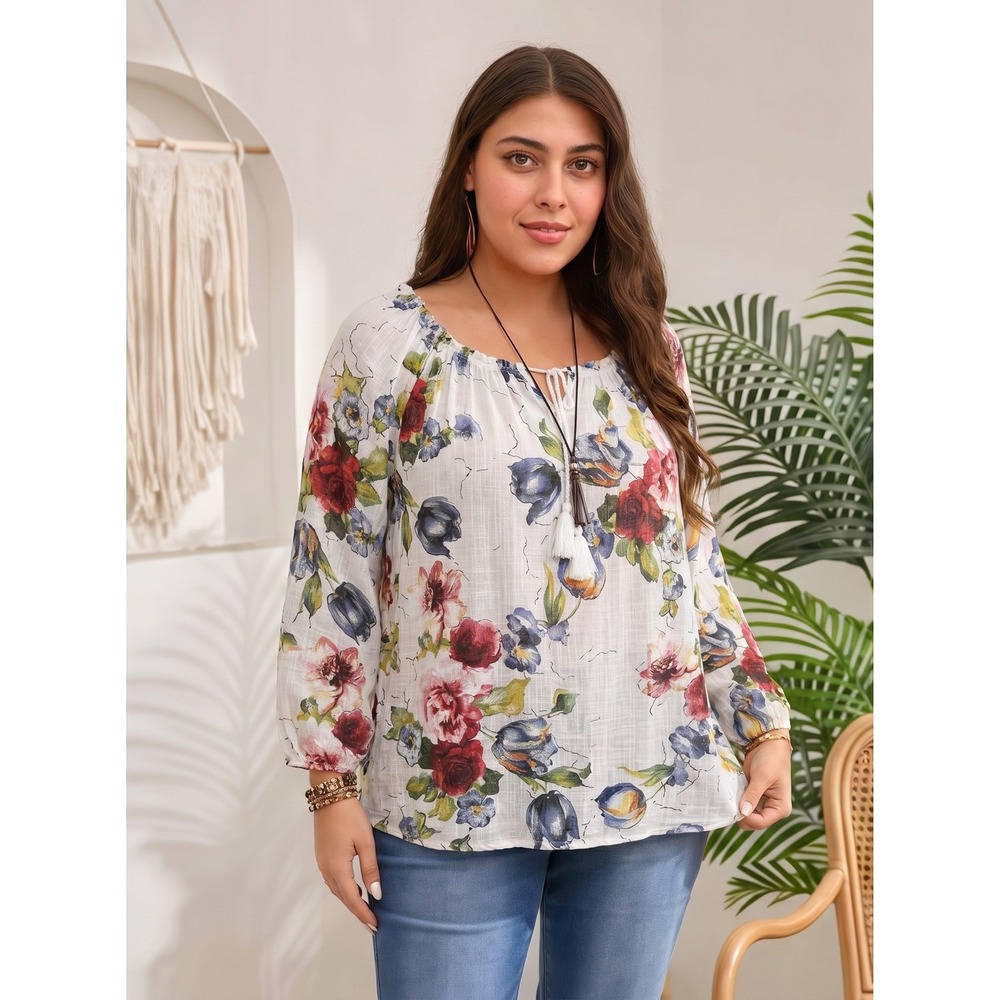 Cherishh Floral Peasant Blouse Women's‎ XL White Multi Cotton Made in Italy